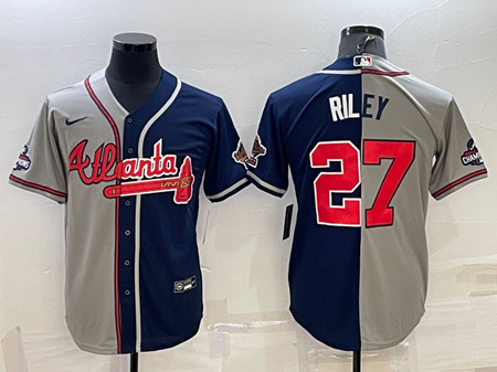 Men's Atlanta Braves #27 Austin Riley Gray Navy Two Tone Split Cool Base Stitched Baseball Jersey